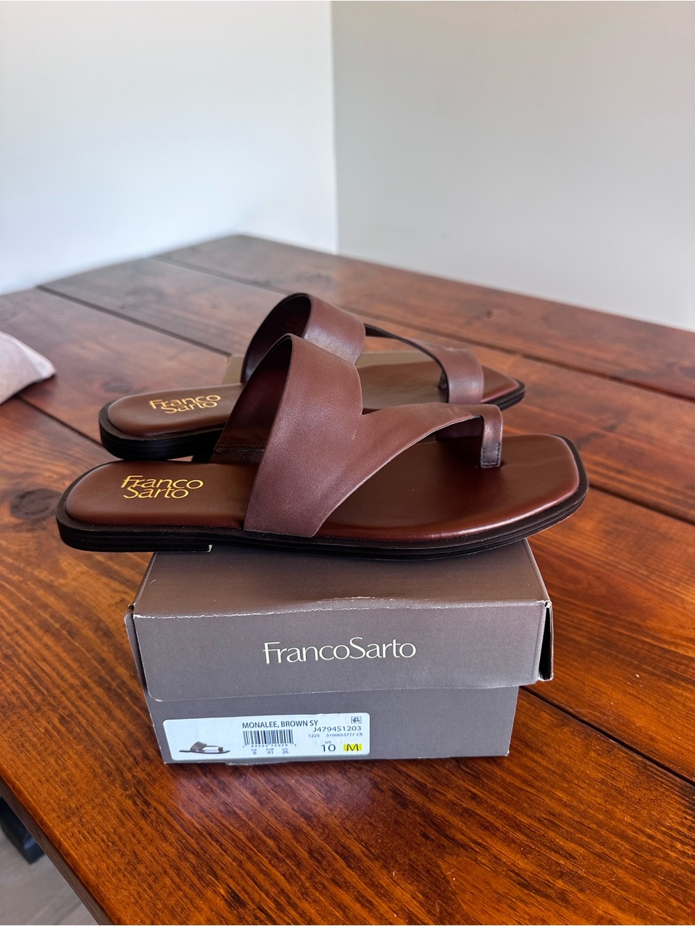 Franco Sarto Monalee Brown Leather Toe-Loop Slide Sandals